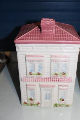 Pair - Colonial House Design Cookie Jars, White w/ Pink Lids