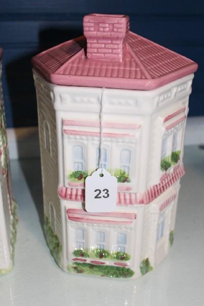 Pair - Colonial House Design Cookie Jars, White w/ Pink Lids