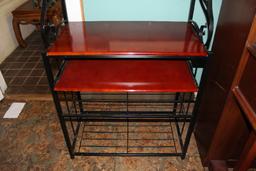 Bakers Rack Black Metal w/ Wood Shelf/Extendable Shelf Curled Arms/Slat Finial