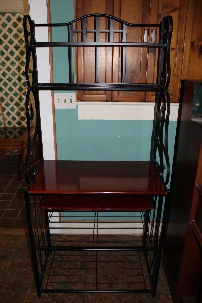 Bakers Rack Black Metal w/ Wood Shelf/Extendable Shelf Curled Arms/Slat Finial