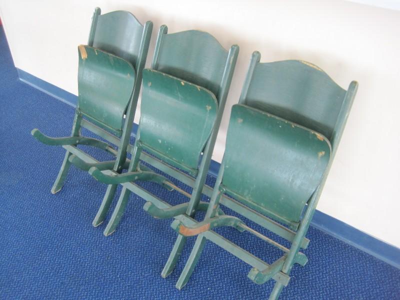 Set - 3 Vintage Wood Folding Theater Seats Painted Green