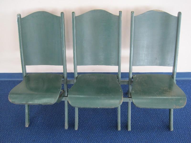 Set - 3 Vintage Wood Folding Theater Seats Painted Green