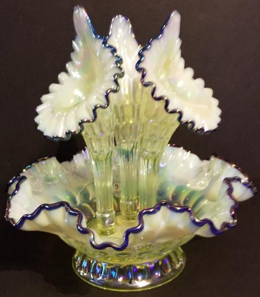 Rare Find Fenton Vaseline Topaz Opalescent Iridized 3 Lily Epergne