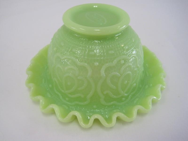 Fenton Vaseline Uranium Glass Lime Green Persian Medallion Pattern Footed Bowl