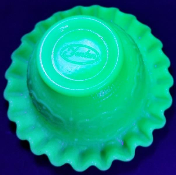 Fenton Vaseline Uranium Glass Lime Green Persian Medallion Pattern Footed Bowl