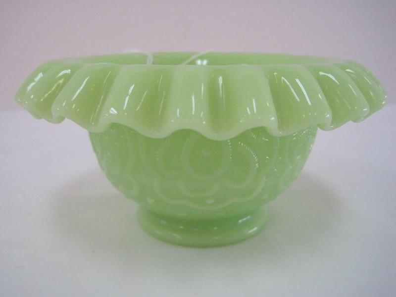 Fenton Vaseline Uranium Glass Lime Green Persian Medallion Pattern Footed Bowl