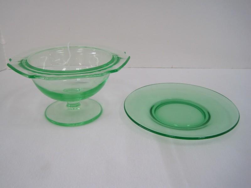 Depression Glass Transparent Green Uranium Glass Mayonnaise Footed Bowl w/ Underplate