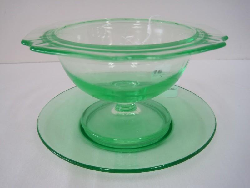 Depression Glass Transparent Green Uranium Glass Mayonnaise Footed Bowl w/ Underplate