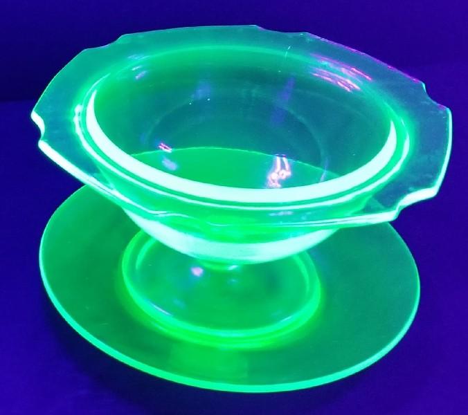 Depression Glass Transparent Green Uranium Glass Mayonnaise Footed Bowl w/ Underplate