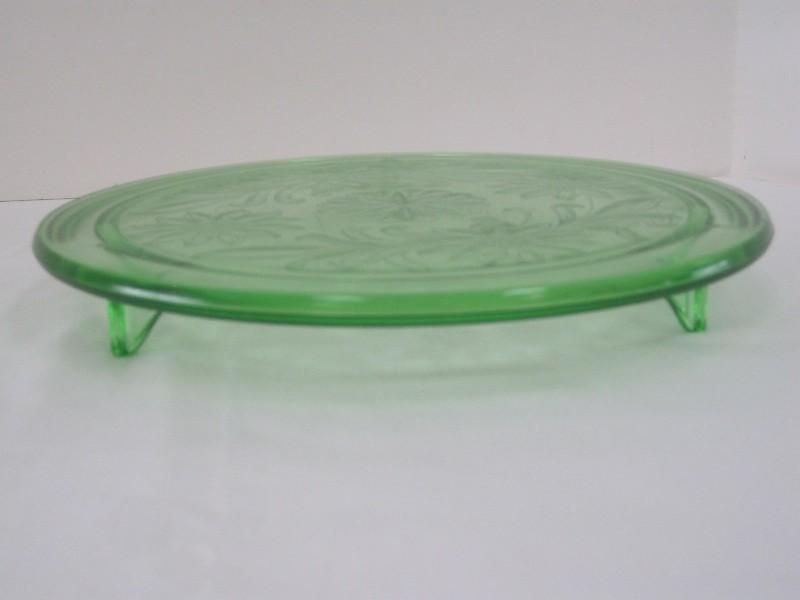 Jeanette Depression Uranium Vaseline Glass 3 Toed Footed Cake Plate Sunflower Pattern