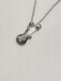 Silver Bass Guitar Shaped Pendant w/ Diamond Necklace