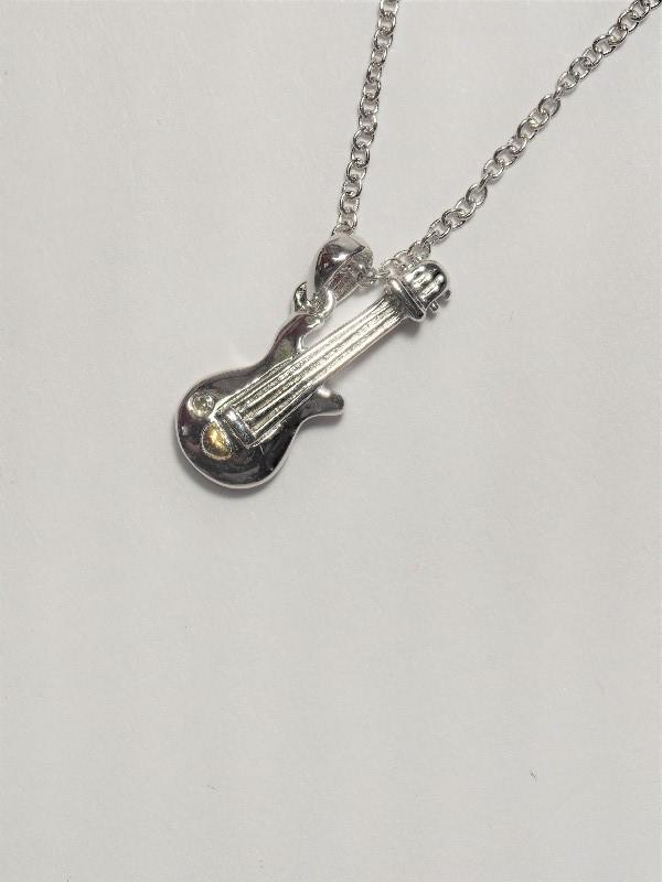 Silver Bass Guitar Shaped Pendant w/ Diamond Necklace