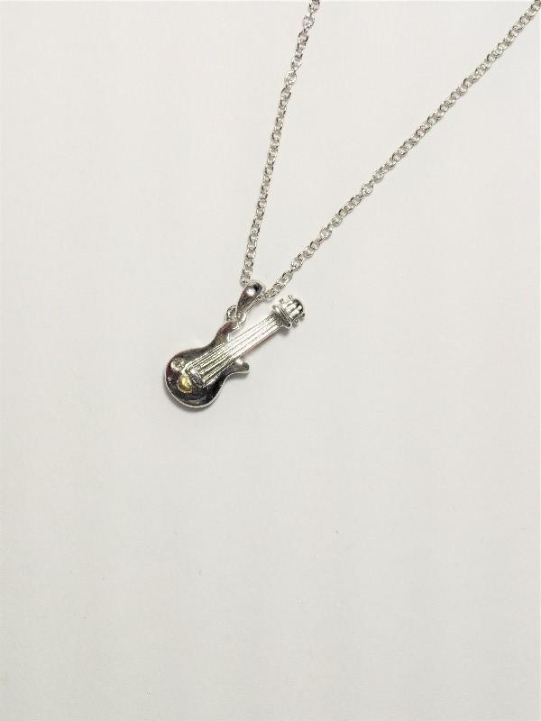 Silver Bass Guitar Shaped Pendant w/ Diamond Necklace