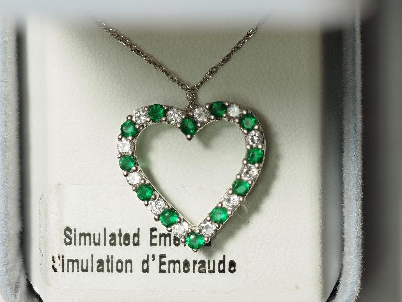 Silver Simulated Emerald Heart Shaped Pendant Necklace