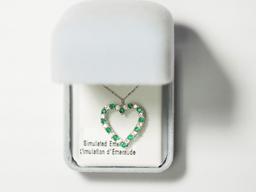 Silver Simulated Emerald Heart Shaped Pendant Necklace