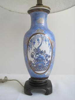 Semi-Porcelain Vase Form Accent Lamp Asian Floral Design w/ Gilted Accent