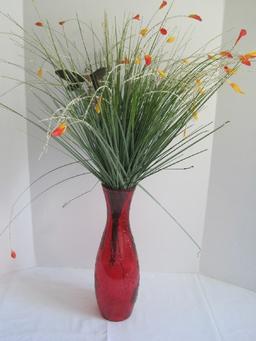 Cranberry Stemmed Flower Relief Design Glass Vase w/ Greenery & Stain Glass Dragonfly