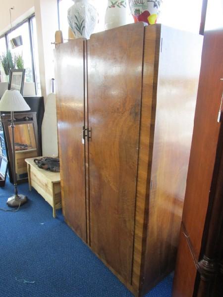 Wooden 2 Hutch Door Wardrobe Metal Rod w/ 2 Side Coat Hangers, 1 Inlay Shelf Removable