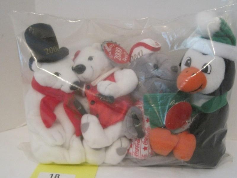 Set - 4 Exclusive 2000 Design Coca-Cola Plush Animals 2 Bears, Seal & Penguin