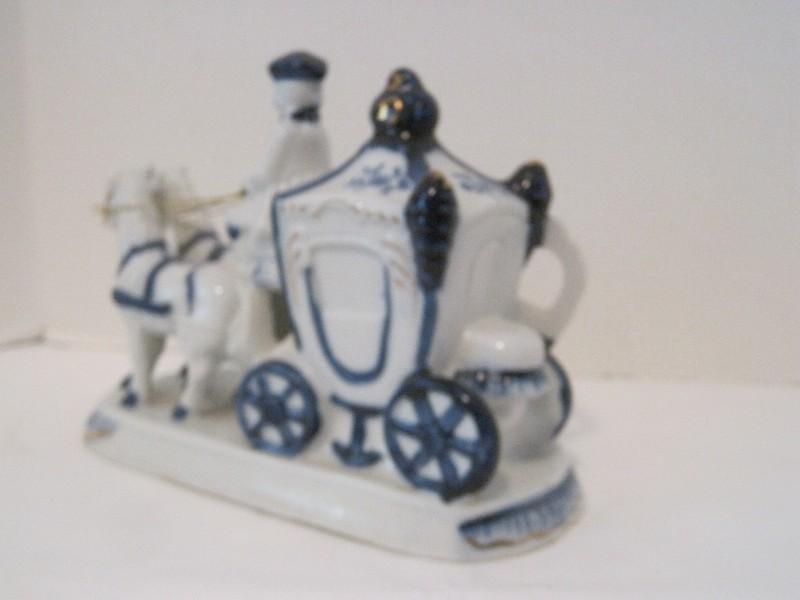 Blue/White Porcelain Horse-Drawn Carriage & Victorian Couple Figurine
