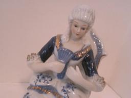 Victorian Couple Having Tea Blue/White Porcelain Figurines Lace Accent