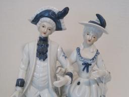 Distinguished Victorian Gentleman Escorting Lady Blue/White Porcelain Figurine