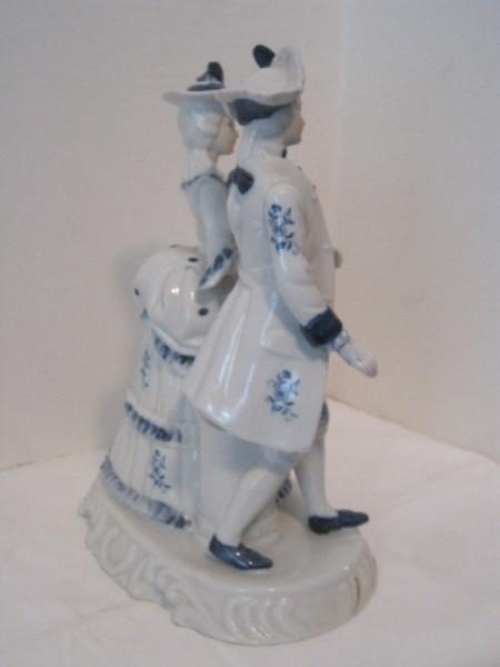 Distinguished Victorian Gentleman Escorting Lady Blue/White Porcelain Figurine