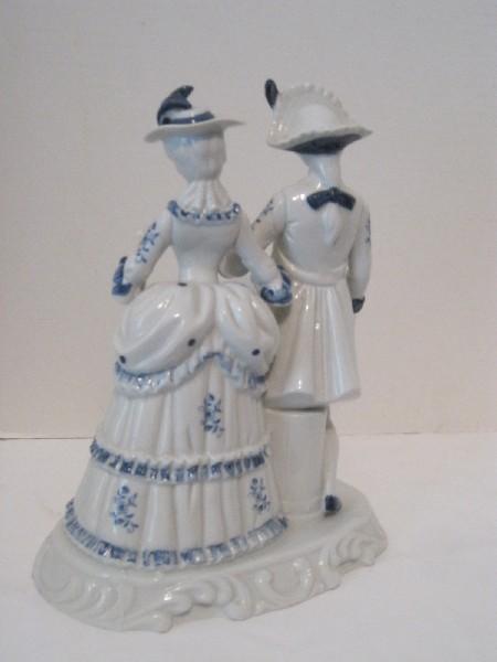 Distinguished Victorian Gentleman Escorting Lady Blue/White Porcelain Figurine