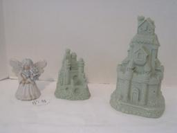 Lot - 2 Green Glitter Sand Castles & K's Collection Angel w/ Floral Bouquet