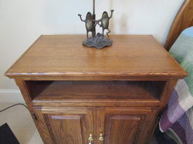 Wooden Side Table w/ 2 Hutch Doors, 1 Shelf Brass Pulls