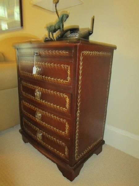 Wooden 4 Drawer Side Cabinet Ornate Metal Pulls Acanthus Leaf Hand-Painted Pattern