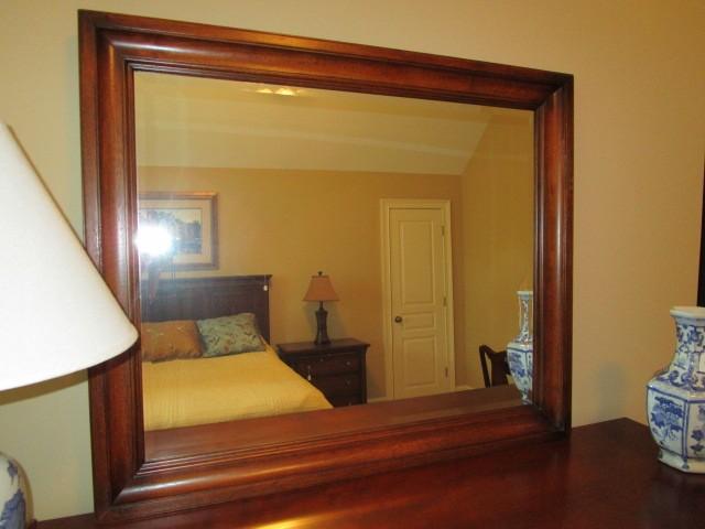 Wooden Mahogany Veneer Dresser w/ Attached Mirror, 5 Drawers, 2 Hutch Doors