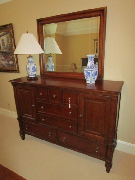 Wooden Mahogany Veneer Dresser w/ Attached Mirror, 5 Drawers, 2 Hutch Doors