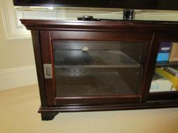 2 Glass Sliding Panel Door TV Stand/Organizer, 2 Inlay Shelves, Bracket Feet Wooden