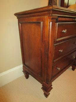 3 Drawer Side Table, Arrow Feet, Panel Design Wood Mahogany Veneer Metal Pulls