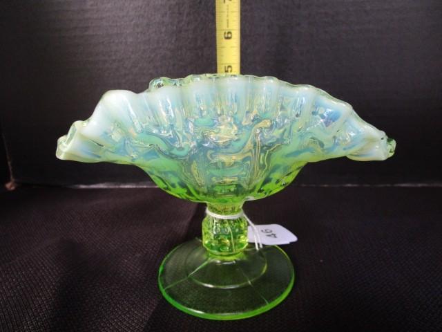 Pressed Fruit Server Uranium Glass Crimped Rim Bead Pattern