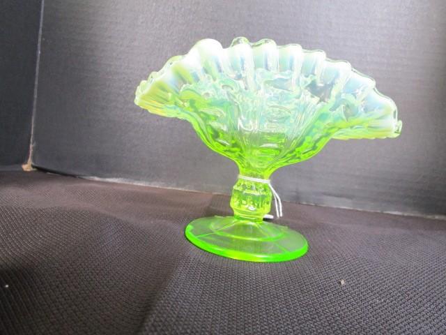 Pressed Fruit Server Uranium Glass Crimped Rim Bead Pattern