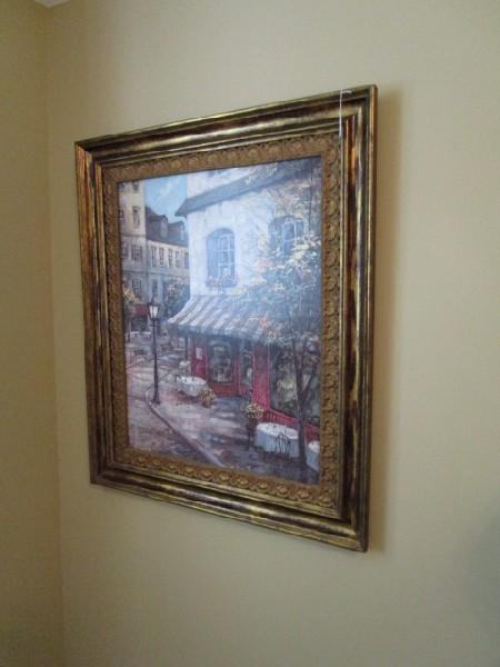 French Café Scene Oil on Canvas Print in Gilted/Antiqued Patina Frame Ornate Motif