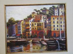Riverfront/Apartment/Boat Scene Print in Gilted Antiqued Patina Beaded Frame/Matt