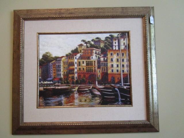 Riverfront/Apartment/Boat Scene Print in Gilted Antiqued Patina Beaded Frame/Matt