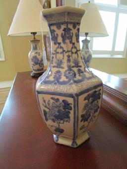 Ceramic Asian Pattern, Grape/Floral Motif Vase Wide Base/Narrow Top