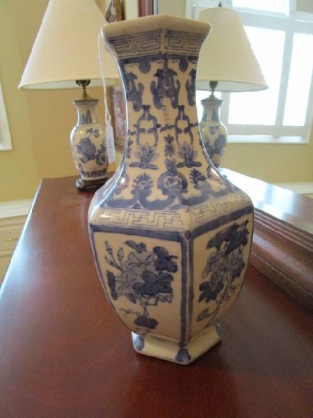 Ceramic Asian Pattern, Grape/Floral Motif Vase Wide Base/Narrow Top