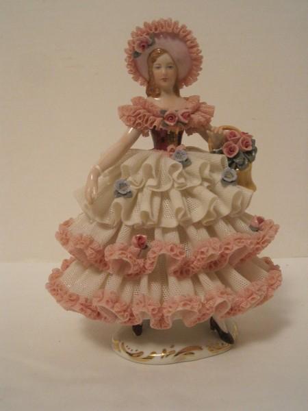 Maiden w/ Flower Basket Delicate Porcelain Lace Gown