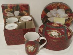 Certified International Corp Set - 4 Hand Painted Ceramic Dessert Plates/Mugs