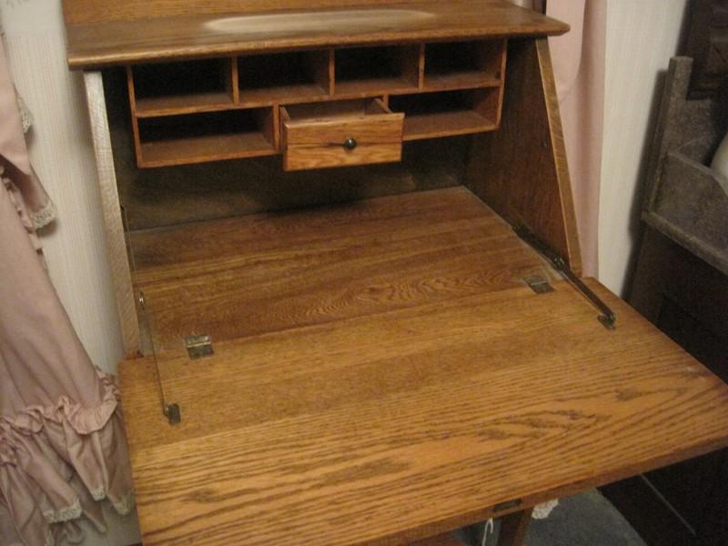 Small Oak Slant Front Writing Desk w/ Fitted Interior Compartments, Beveled Mirror Back