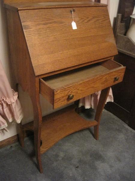 Small Oak Slant Front Writing Desk w/ Fitted Interior Compartments, Beveled Mirror Back