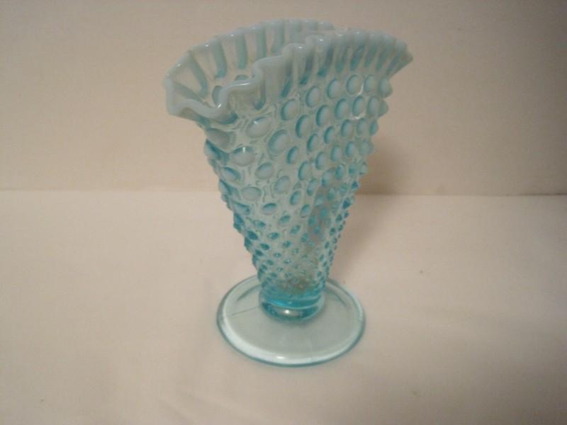 Fenton Blue Opalescent Hobnail Pattern Fan Vase w/ Crimped Edge