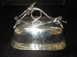 Emila Castillo Hammered Silverplate Butter Dish w/ Butterfly Handle