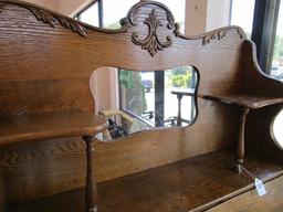 Wooden Art Nouveau Desk-Over-Bookcase Top Mirror Flanked by 2 Shelves