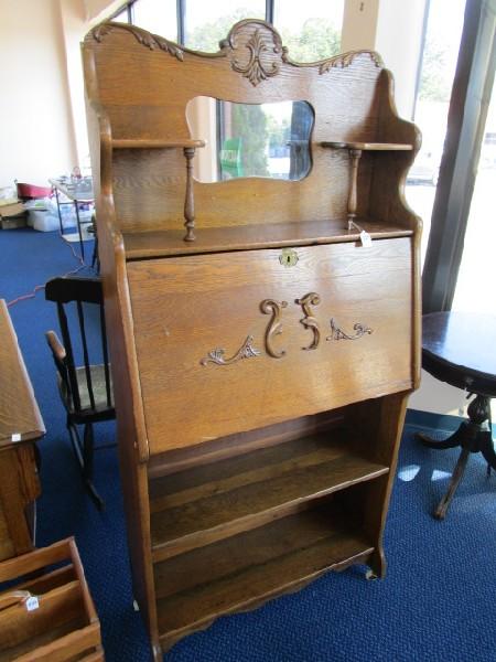 Wooden Art Nouveau Desk-Over-Bookcase Top Mirror Flanked by 2 Shelves